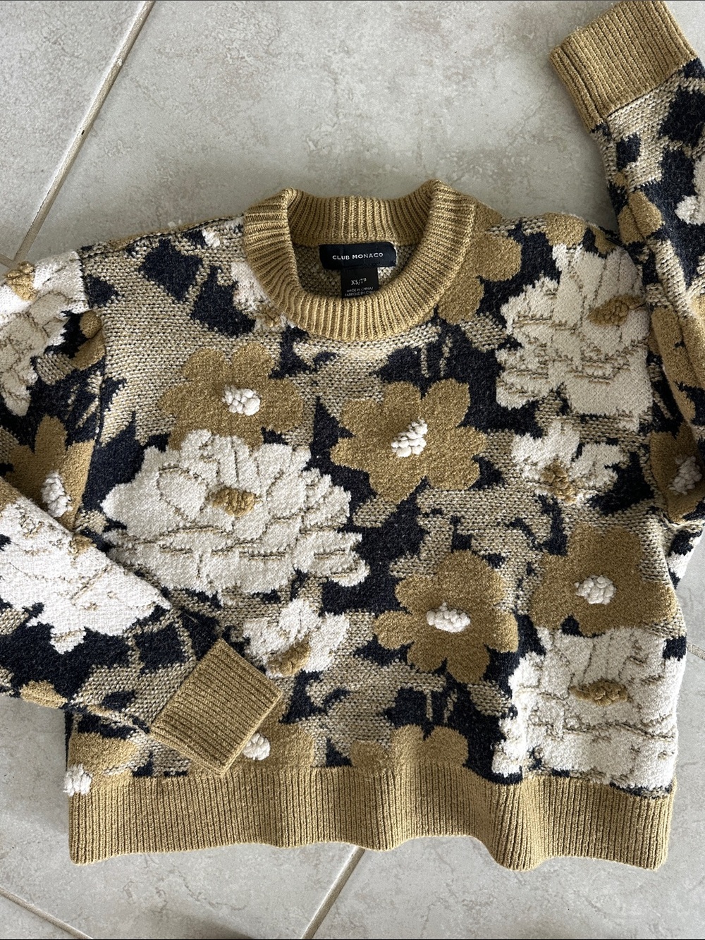 Club Monaco Floral Jacquard Crewneck Sweater in Mustard, Black & Cream